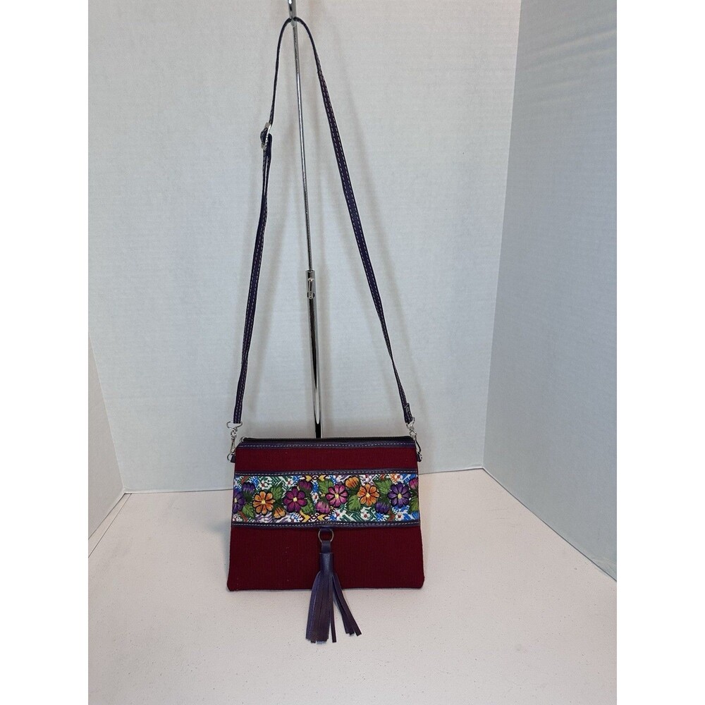Floral Embroidered Guatemalan Purse Red‎ Corduroy Cross Body